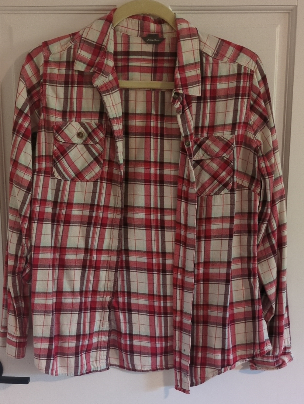 Eddie Bauer Red and White Plaid Button-Down Shirt